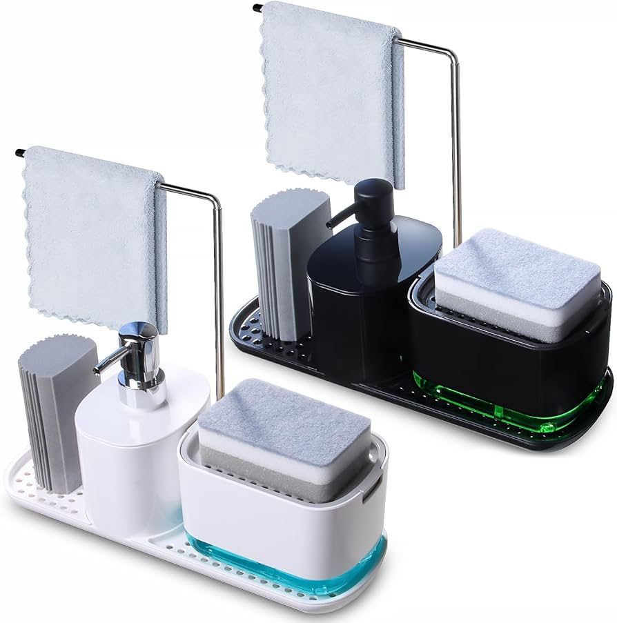 Hand and Dish Soap Dispenser Set for Kitchen, 4-in-1 Dual Soap Dispenser with Sponge Holder and Dishcloth Holder Organizer for Kitchen Sink Countertop Storage Organize - Useful Kitchen Gadgets(Black)