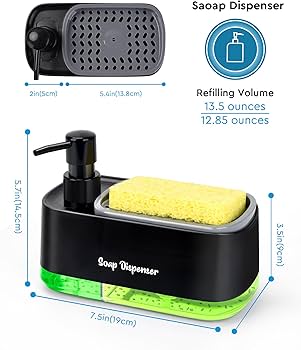 Hand and Dish Soap Dispenser Set for Kitchen, 4-in-1 Dual Soap Dispenser with Sponge Holder and Dishcloth Holder Organizer for Kitchen Sink Countertop Storage Organize - Useful Kitchen Gadgets(Black)