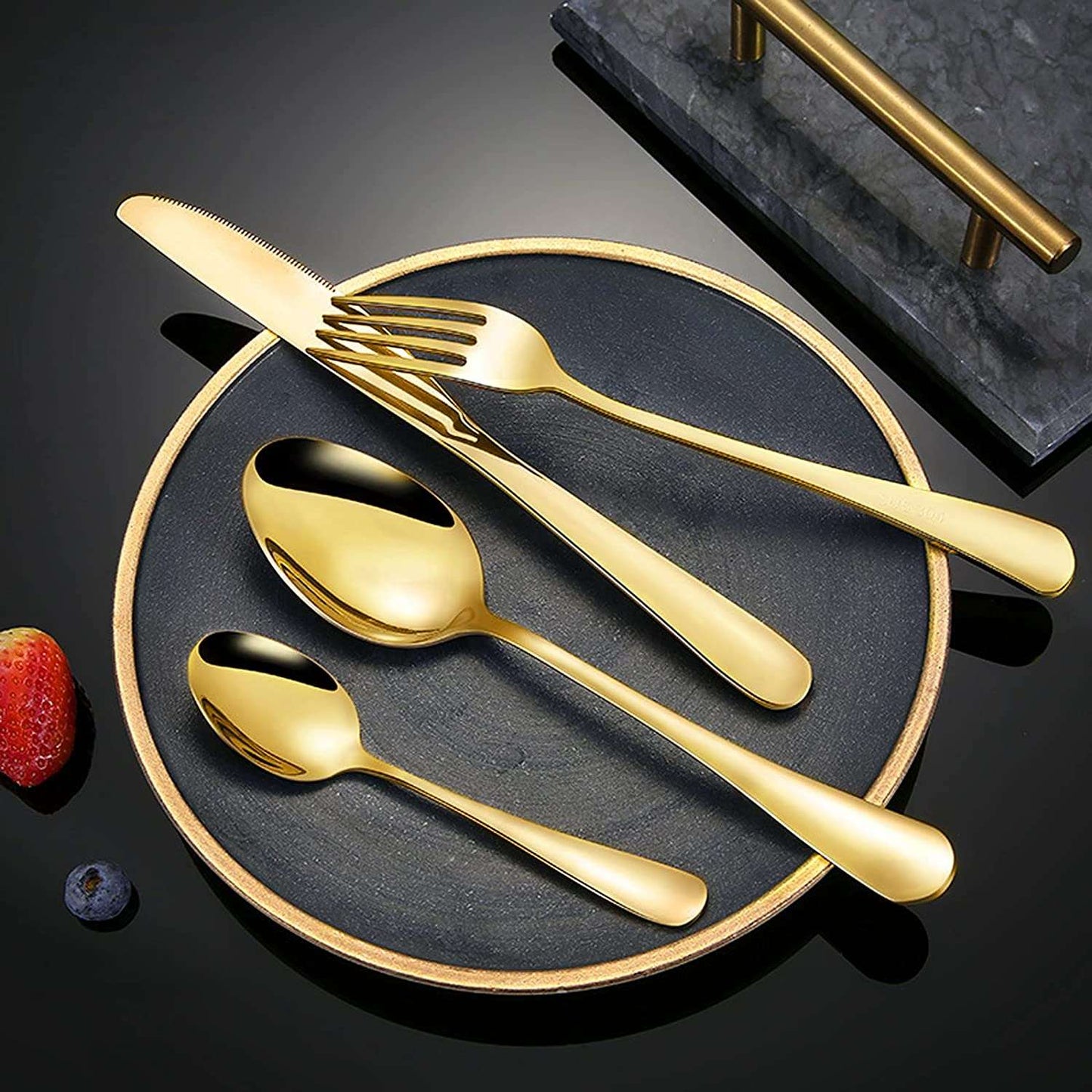 24-Piece Stainless Steel Cutlery Set Golden Kitchen Utensils Set, Tableware Set For Home Kitchen Restaurant Hotel Gatherings Picnic Dining 18 cm Golden