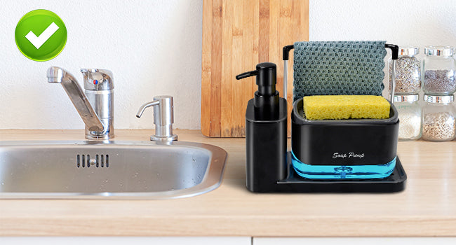 Hand and Dish Soap Dispenser Set for Kitchen, 4-in-1 Dual Soap Dispenser with Sponge Holder and Dishcloth Holder Organizer for Kitchen Sink Countertop Storage Organize - Useful Kitchen Gadgets(Black)