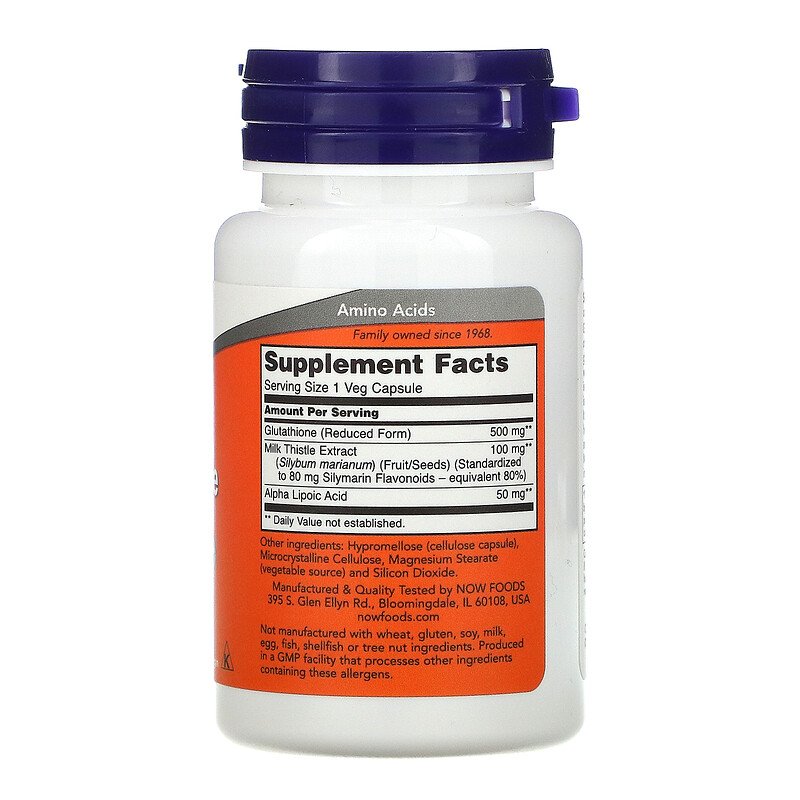 Now Foods, Glutathione, 500 mg, 30 Veg Capsules Expiry 10 - 2029