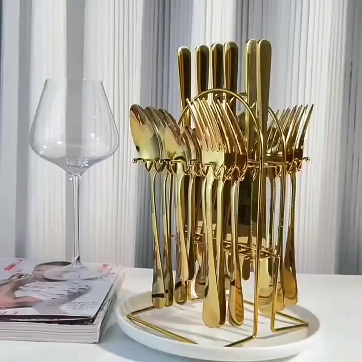 24-Piece Stainless Steel Cutlery Set Golden Kitchen Utensils Set, Tableware Set For Home Kitchen Restaurant Hotel Gatherings Picnic Dining 18 cm Golden