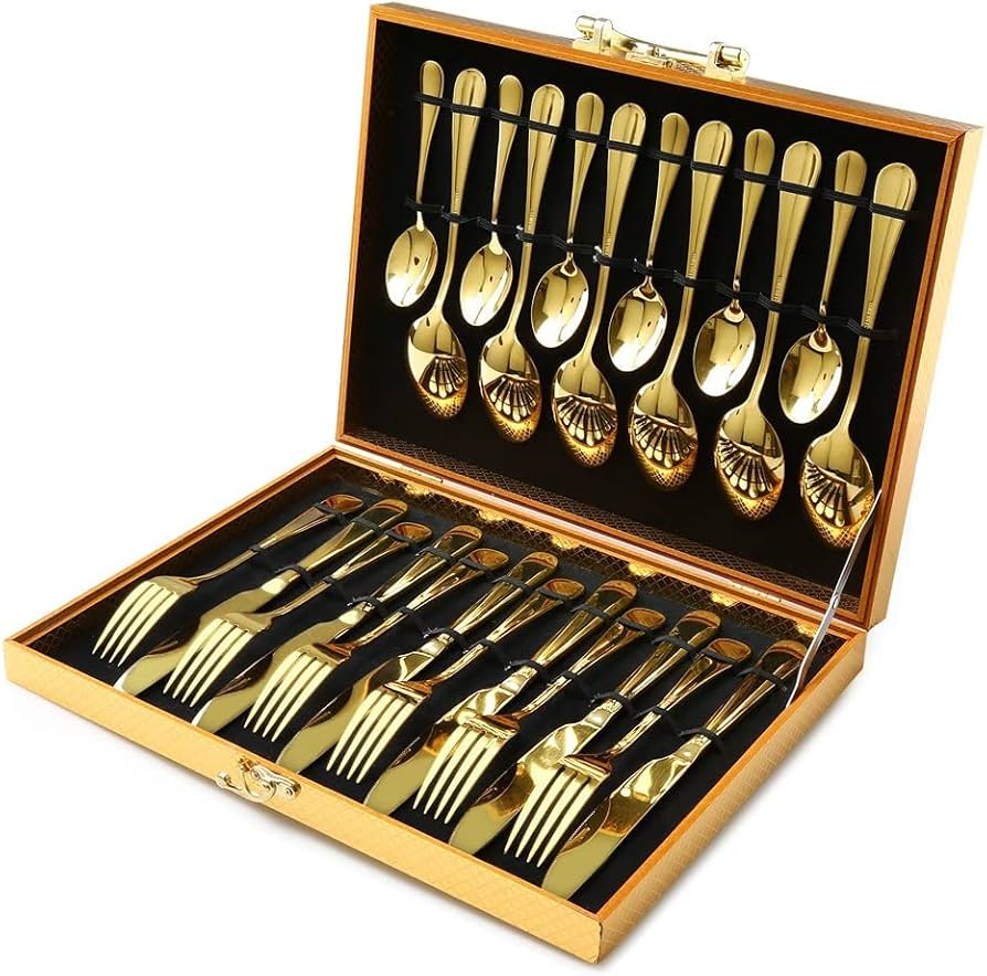 24-Piece Stainless Steel Cutlery Set Golden Kitchen Utensils Set, Tableware Set For Home Kitchen Restaurant Hotel Gatherings Picnic Dining 18 cm Golden