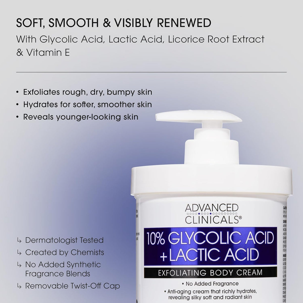 ADVANCED CLINICALS 10% Glycolic Acid + Lactic Acid Exfoliating Body Cream 454g