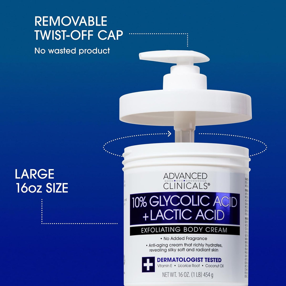 ADVANCED CLINICALS 10% Glycolic Acid + Lactic Acid Exfoliating Body Cream 454g