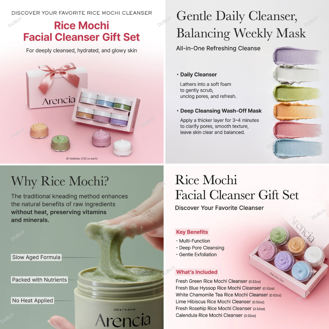 ARENCIA Rice Mochi Facial Cleanser Gift Set - 6 Varieties, 0.52 oz each -Travel Size Expiry 09 - 2028