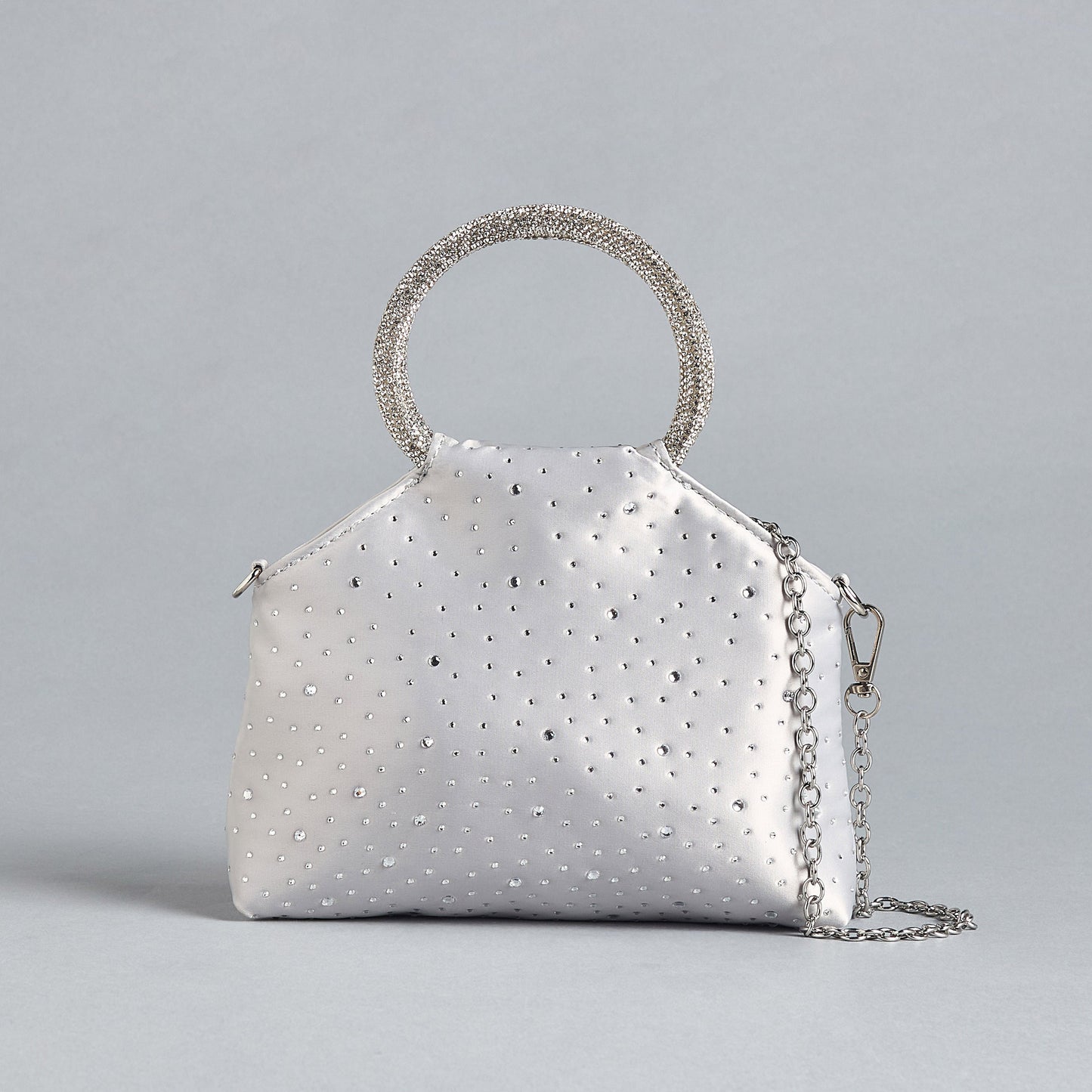 Max Dubai Embellished Bag with Chain Strap and Button Closure Silver